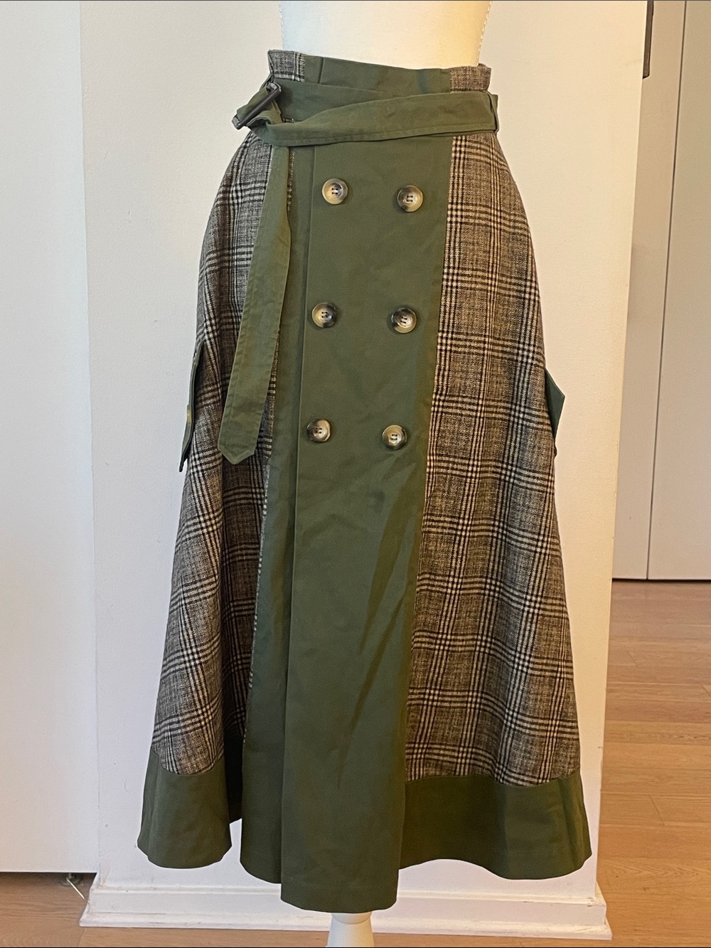 Olive Green Plaid Panel Midi Skirt - VINTAGE AMERI - Picture 2 of 9